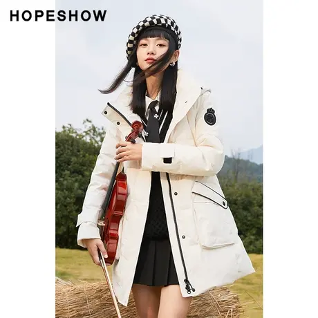 红袖outlets系带贴标连帽羽绒服hopeshow冬装新款中长款外套女图片