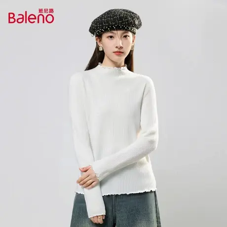 班尼路白色打底衫女秋冬韩系设计感木耳边高级感针织衫中领毛衣Q商品大图