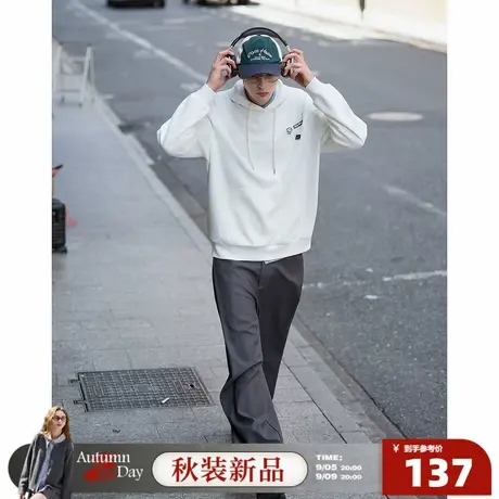 唐狮2025春秋季新款卫衣男套头设计连帽潮流白色休闲慵懒风外套商品大图