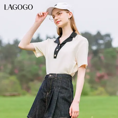 LAGOGO撞色翻领通勤风T恤女拉谷谷夏季新款短袖设计感polo衫上衣商品大图