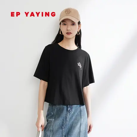 EP YAYING雅莹女装 时尚字母印花圆领黑色T恤 2023秋冬新款5303A图片