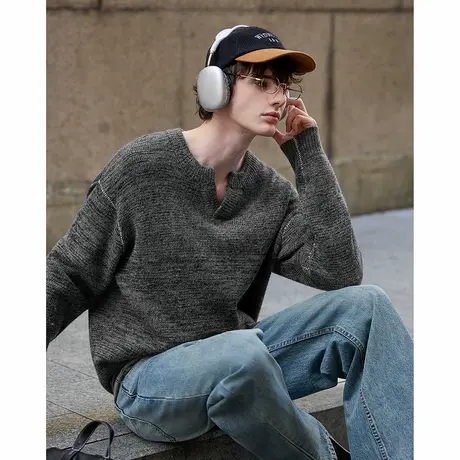 唐狮秋冬季毛衣男圆领套头小V撞色明线德美拉肌理感毛线衫TM商品大图