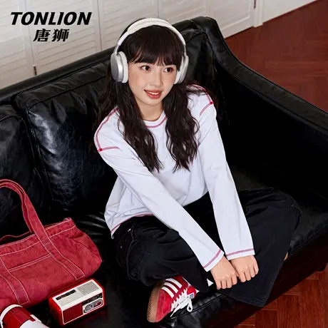 唐狮官方宽松长袖t恤女2026新款春夏款撞色打底衫内搭圆领上衣VC图片