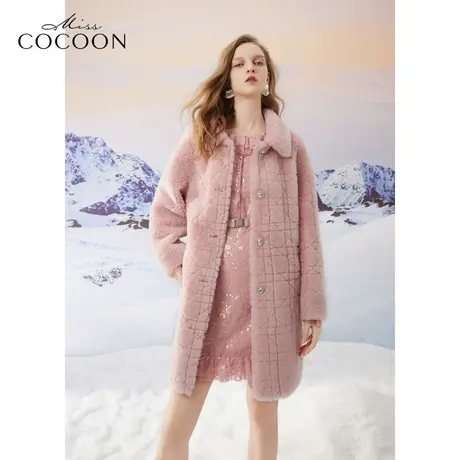 missCOCOON千金玛德琳2023冬装新款女装藤格纹心形钻扣棉羊毛皮草商品大图