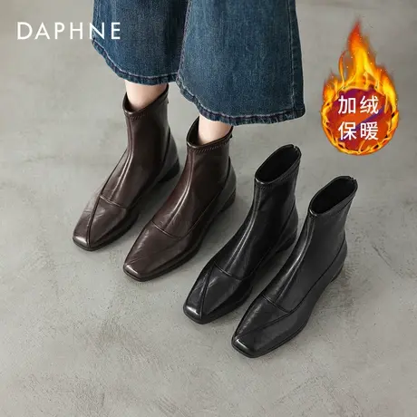 达芙妮法式小短靴女2026新款冬季加绒方头瘦瘦靴平底切尔西马丁靴商品大图