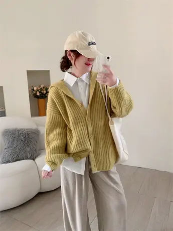 日系温柔风V领粗线毛衣外套女秋冬新款女装宽松加厚针织开衫上衣商品大图