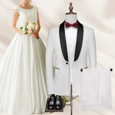 美式塔士多缎面青果领西服男戗驳领套装新郎结婚白色礼服宴会西装商品大图