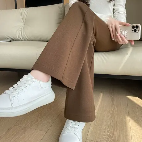 毛呢裤子女秋冬款高腰垂感显瘦休闲直筒西装裤薄绒加厚呢子喇叭裤图片