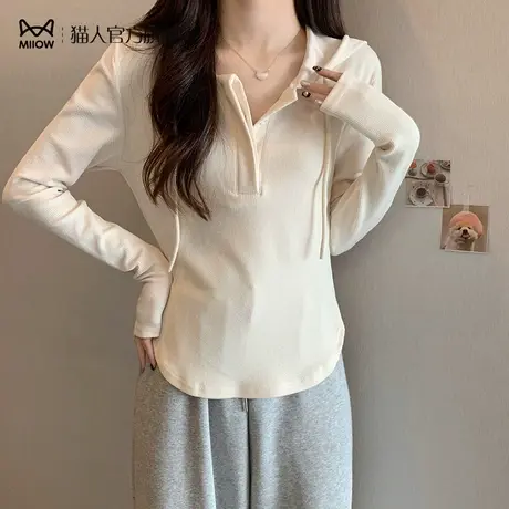 猫人连帽长袖T恤女春秋冬2023修身显瘦打底帽衫纯色百搭短款上衣商品大图