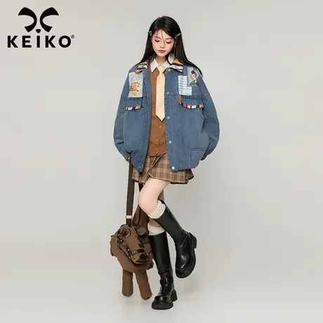 KEIKO [夹棉]设计感拼色牛仔外套加厚秋冬文艺少女风宽松夹克棉服商品大图