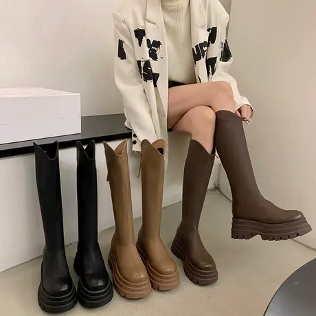 长筒靴女厚底高筒马丁靴子2023新款v口显瘦粗跟网红ins潮骑士长靴商品大图