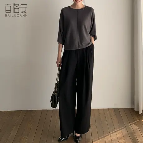 百洛安高腰黑色阔腿裤女秋装新款百搭宽松休闲垂坠感直筒西装长裤图片