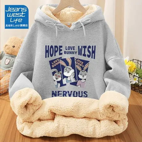 真维斯LIFE灰色美式复古加绒卫衣女2023新款秋冬款连帽加厚外套女图片