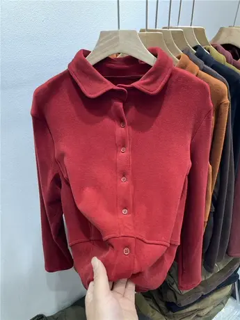 娃娃领单排扣双面德绒保暖衬衫女2023秋冬新款宽松拼接设计上衣潮商品大图