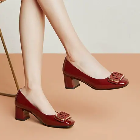 2023春季新款舒适软皮小方头单鞋女粗跟中跟时尚搭扣防滑女士皮鞋商品大图