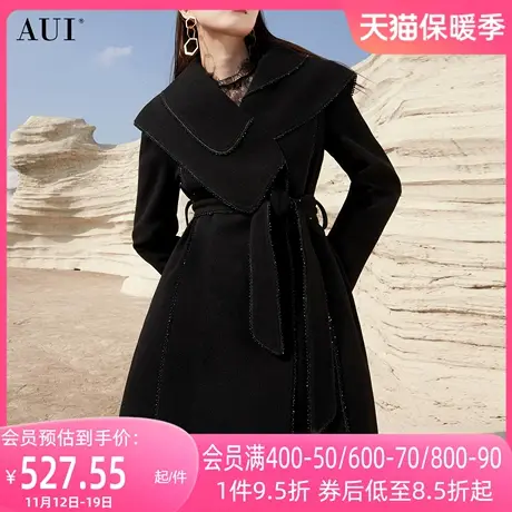 AUI黑色赫本风设计感毛呢外套女2023冬新款高级小众修身呢子大衣图片