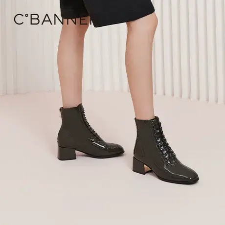 【直播间】千百度女鞋秋冬漆皮时装靴筒靴短靴中跟靴子粗跟真皮商品大图