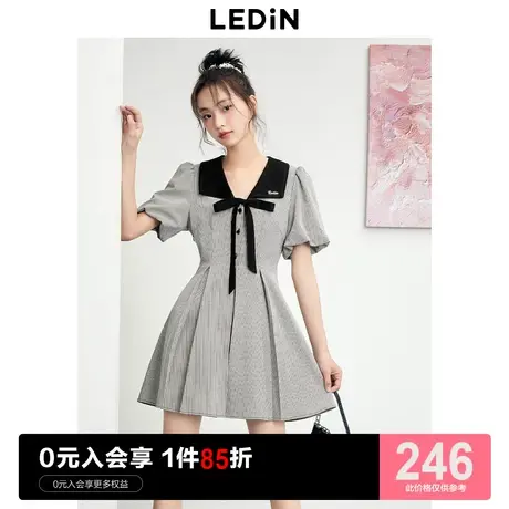 乐町大翻领蝴蝶结甜美连衣裙女2023年夏季新款通勤格纹显瘦百褶裙商品大图