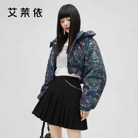 艾莱依冬季新款羽绒服女短款收腰时尚外套设计感小众鸭绒连帽冬装图片