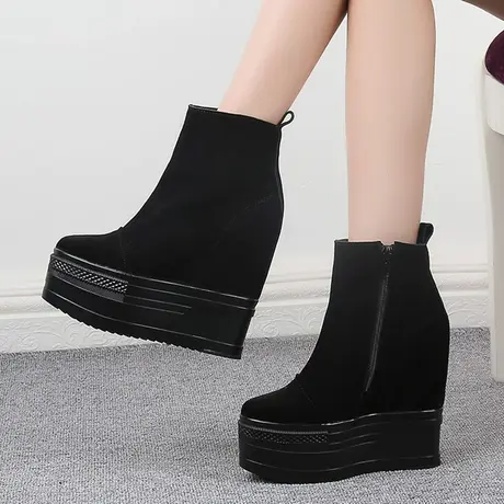 小个子内增高短靴女13cm真皮拉链磨砂靴子厚底松糕防水台坡跟单靴图片