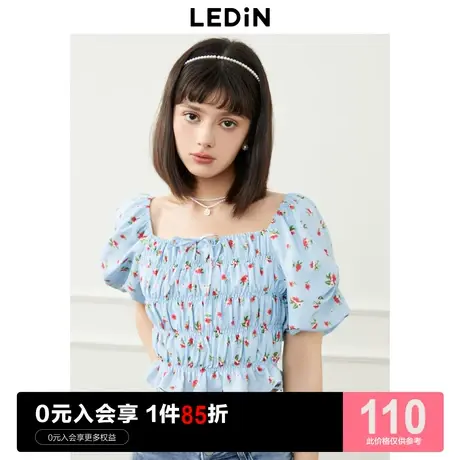 乐町浪漫方领上衣2023夏季新款女装碎花法式温柔收腰短款雪纺衫图片