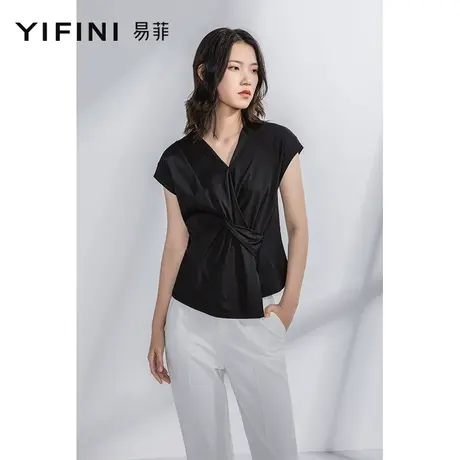 Yifini/易菲短袖V领高级感不对称上衣女夏装新款宽松黑色T恤商品大图