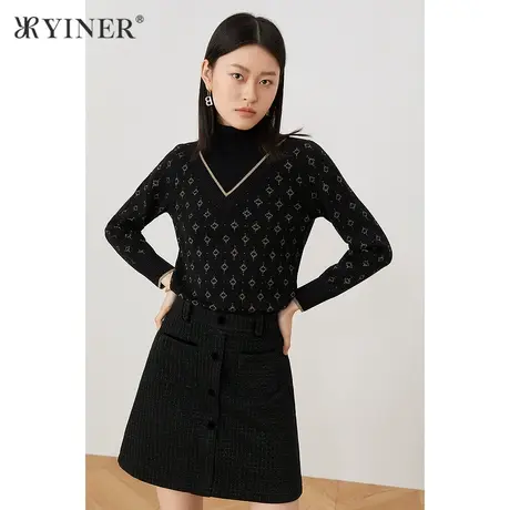 YINER音儿女装2021冬季新款宽松圆领绣花套头毛针织衫商品大图