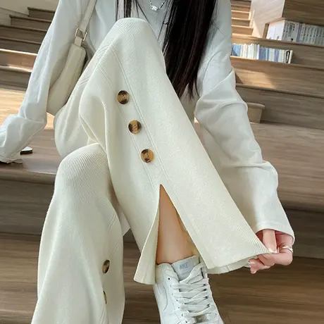 开叉阔腿微喇裤女春秋季2024新款高腰宽松垂感加厚针织休闲拖地裤图片