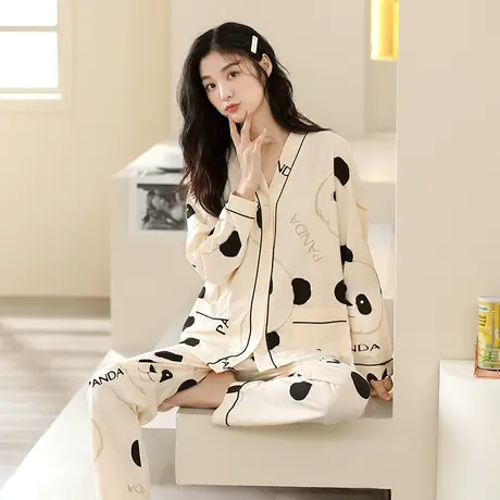 润微100%棉睡衣女士秋冬季熊猫可爱女士睡衣套装2023新款家居服图片