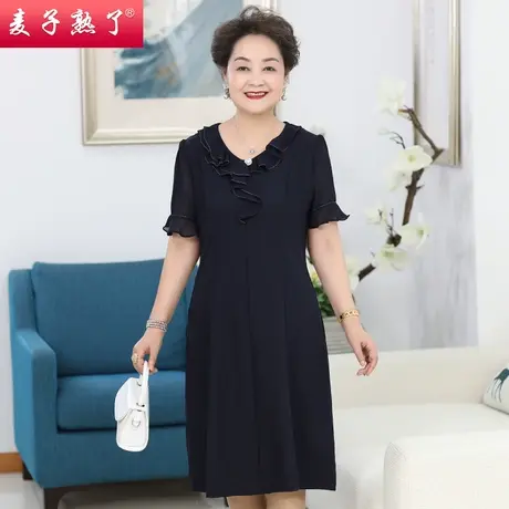 妈妈夏装洋气连衣裙阔太太高贵气质短袖过膝裙子中老年人女装薄款图片