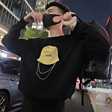 春秋季设计感帽子装饰长袖上衣t恤男痞帅潮流网红休闲卫衣打底衫商品大图