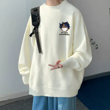 卡通圆领毛衣男秋冬季新款外套潮流宽松内搭针织衫日系毛线衣上衣商品大图