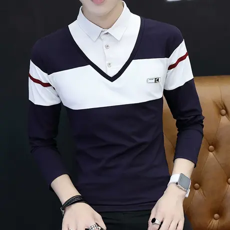 2023秋季假两件衬衫领男士polo衫纯棉潮流拼接撞色翻领长袖T恤男商品大图