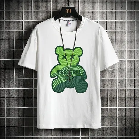 潮流休闲短袖t恤男ins潮牌痞帅白色卡通小熊夏季半袖体恤港风衣服商品大图
