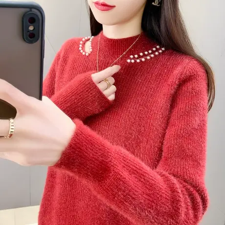 亮片水貂绒毛衣女2024新款法式慵懒上衣重工钉珠露肩针织打底衫潮商品大图