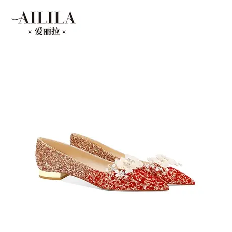 爱丽拉秀禾平底订婚鞋女2024新款春季大码红色新娘鞋不累脚高级感商品大图