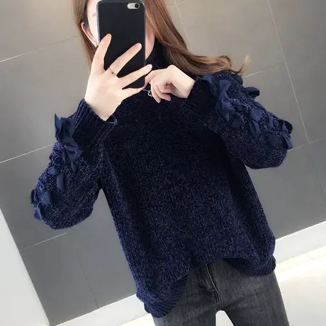 时尚毛衣高领女士秋冬新款2020金丝绒雪尼尔宽松外穿粗线打底套头商品大图