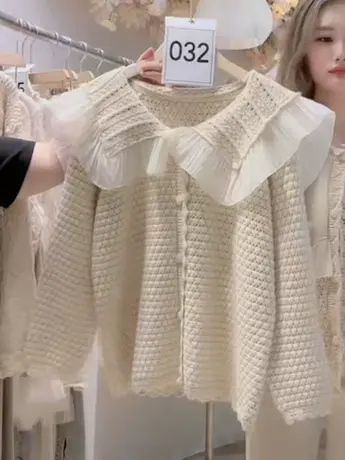 奶系小众设计感针织开衫女2023新款甜美减龄娃娃海军领毛衣外套洋图片