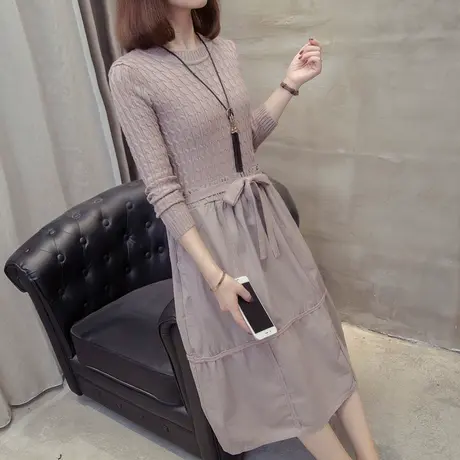 韩版毛衣裙女秋冬季新款假两件套头洋气针织打底衫中长款毛衣商品大图