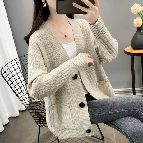 毛衣外套女2024年秋季新款宽松外穿洋气百搭V领单排扣针织开衫女商品大图