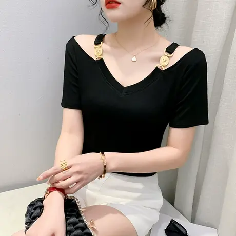 性感一字领女装欧货气质露肩T恤短袖修身显瘦别致上衣百搭小衫夏图片