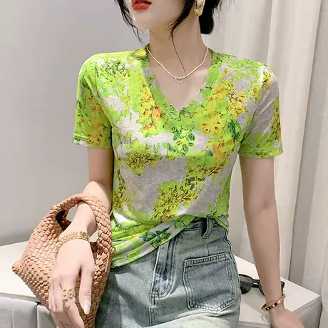 时尚网纱V领T恤女短袖洋气性感修身上衣夏装新款漂亮减龄印花小衫商品大图
