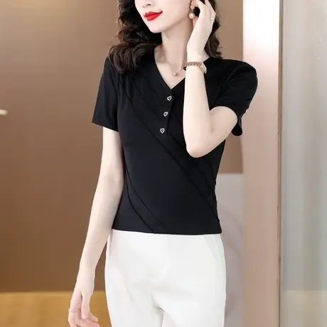 短袖t恤女夏季2023年新款修身V领气质打底衫女设计感小众减龄小衫商品大图