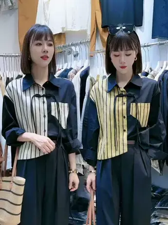 2023早秋新款翻领条纹盘扣宽松长袖不对称衬衫女设计感洋气上衣潮商品大图