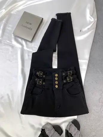 加绒排扣牛仔小脚裤2023秋冬新款小众设计显瘦百搭高腰绑带铅笔裤商品大图