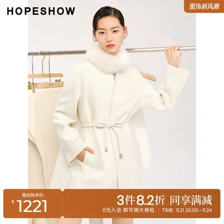 红袖outlets系带斗篷式双面呢大衣hopeshow2023冬款狐狸毛领外套图片