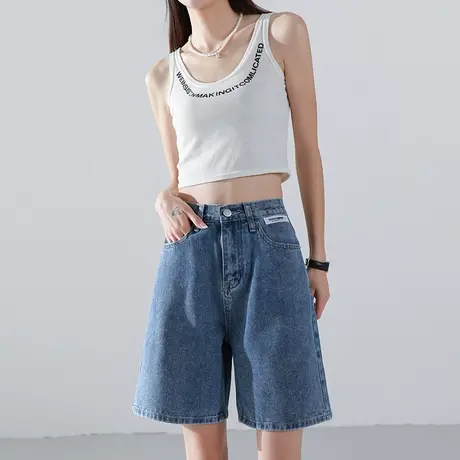 牛仔短裤女夏高腰薄款2021年新款韩版大码宽松显瘦港味直筒五分裤图片