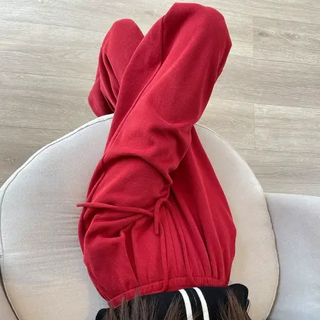 红色美式运动裤女2023新款秋冬新款直筒休闲卫裤高腰显瘦阔腿长裤商品大图