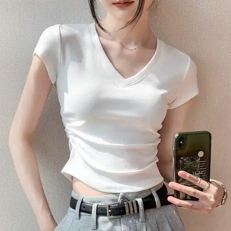 V领短袖T恤女夏季纯色内搭露锁骨正肩性感紧身收腰半截袖上衣短款图片