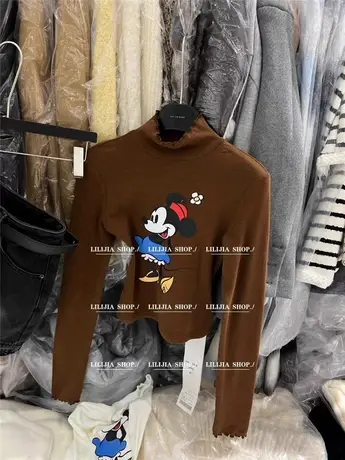 韩国东大门2023冬季新款木耳边高领加绒显瘦米奇印花打底T恤上衣商品大图